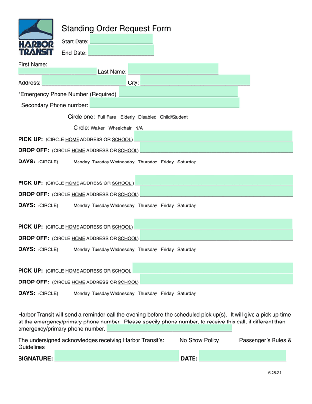 Standing Order Request Form screenshot