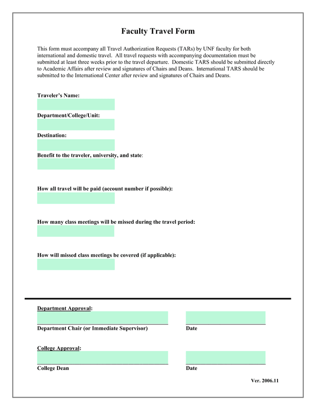 Faculty Travel Form screenshot
