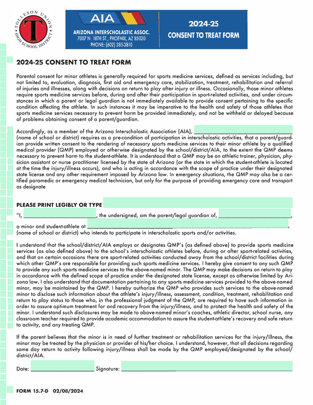 2024 25 Consent To Treat Form screenshot