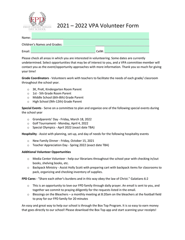 Volunteer Opportunities Form screenshot