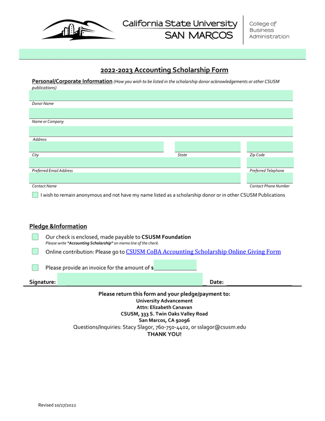 2022 2023 Accounting Scholarship Form screenshot