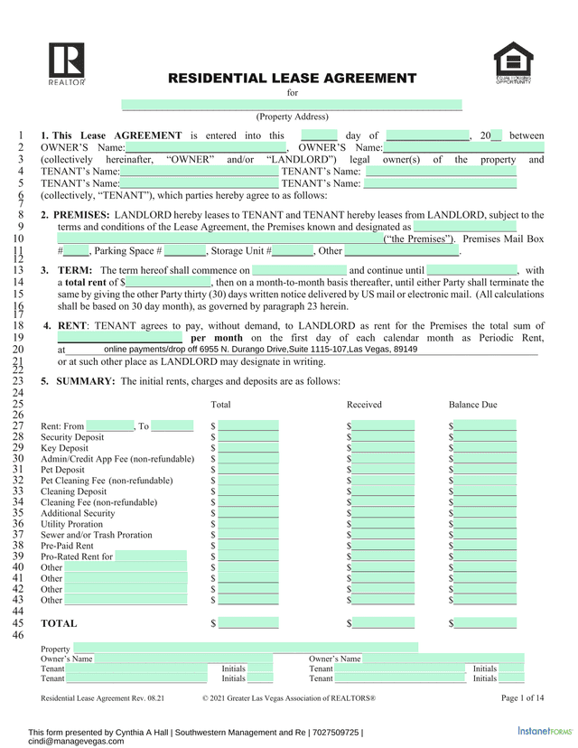 Residential Lease Agreement screenshot