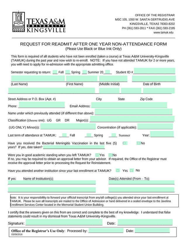 Request For Readmit After One Year Non Attendance Form screenshot