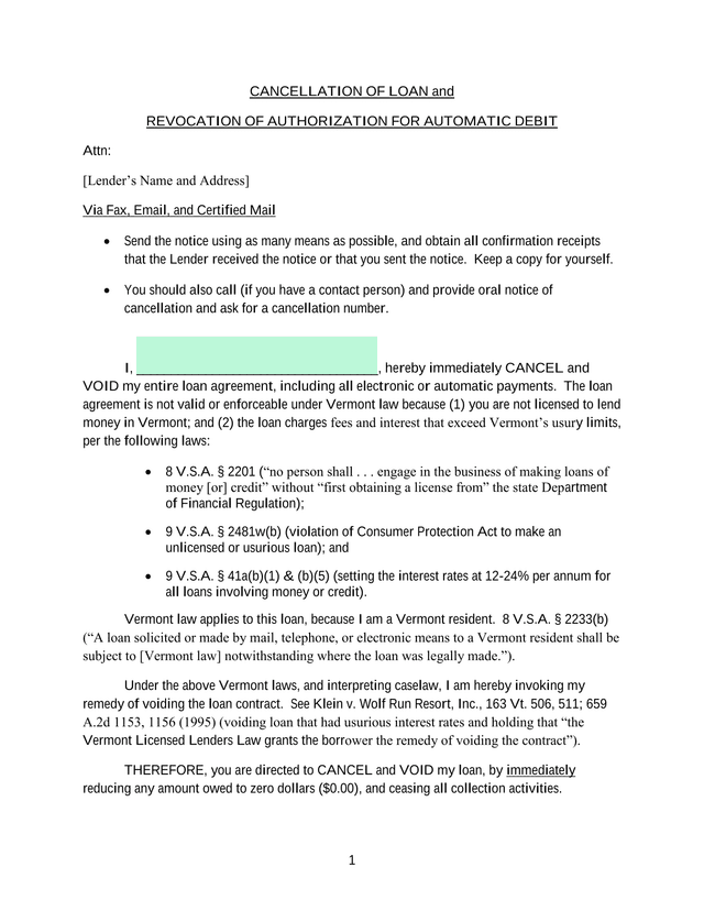 Cancellation Of Loan And Revocation Of Authorization For Automatic Debit screenshot
