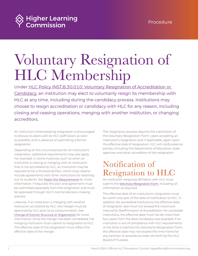 Voluntary Resignation Of HLC Membership screenshot