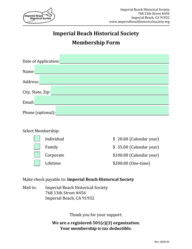 Imperial Beach Historical Society Membership Form screenshot