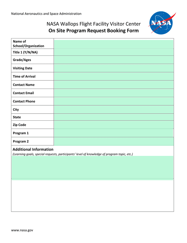 NASA Wallops Flight Facility Visitor Center On Site Program Request Booking Form screenshot