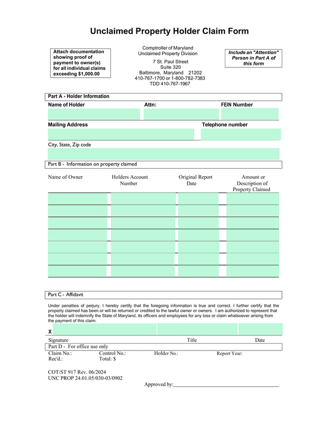 Unclaimed Property Holder Claim Form screenshot