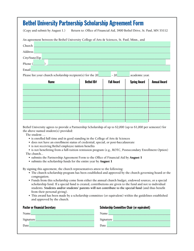 Bethel University Partnership Scholarship Agreement Form screenshot