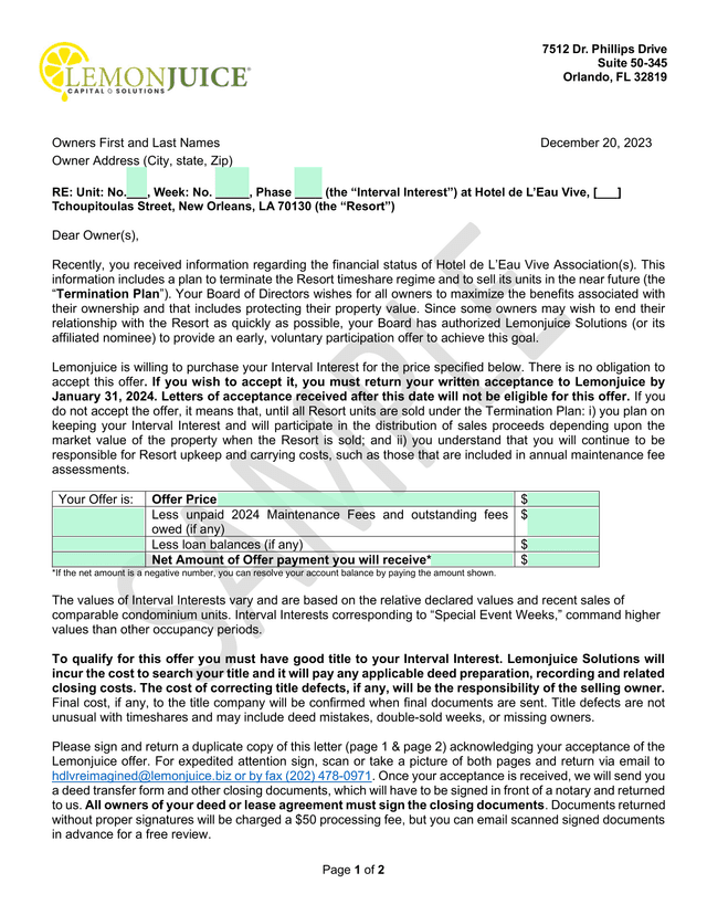 Timeshare Termination And Voluntary Purchase Offer screenshot