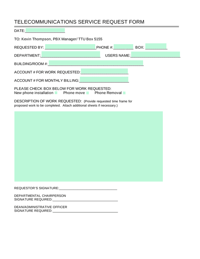 Telecommunications Service Request Form screenshot
