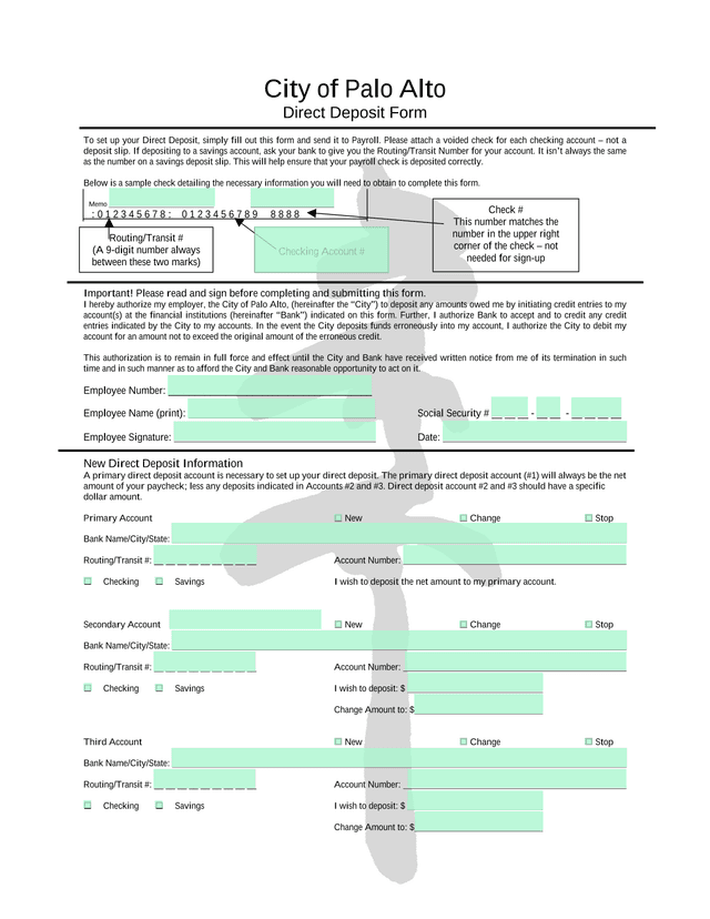 City Of Palo Alto Direct Deposit Form screenshot
