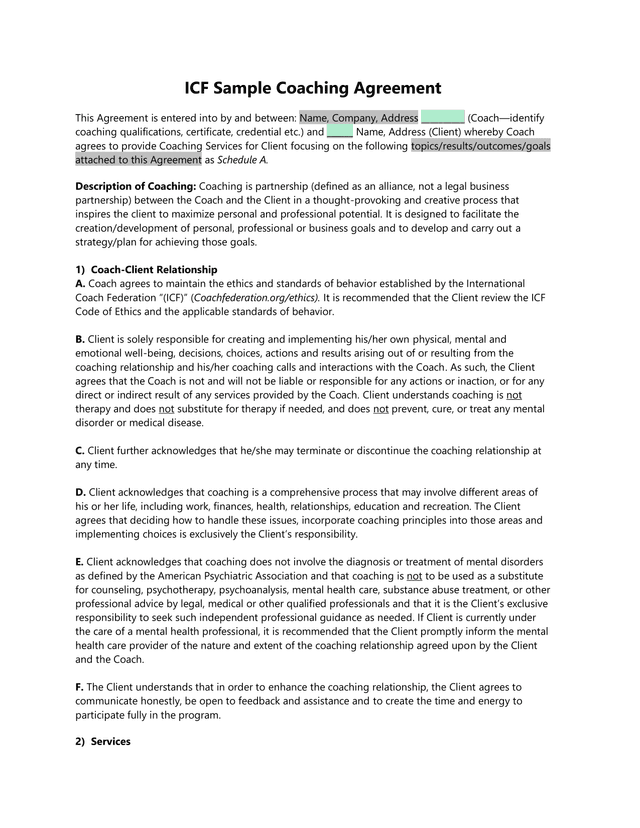 ICF Sample Coaching Agreement screenshot