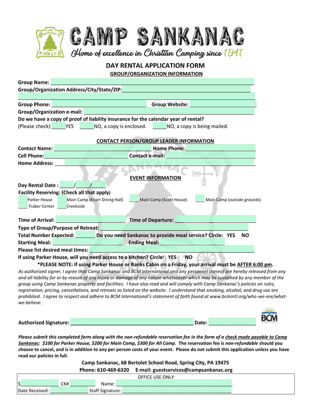 Day Rental Application Form screenshot