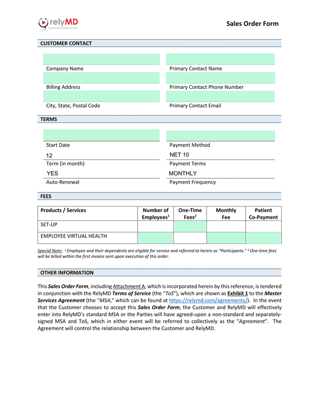 Sales Order Form screenshot