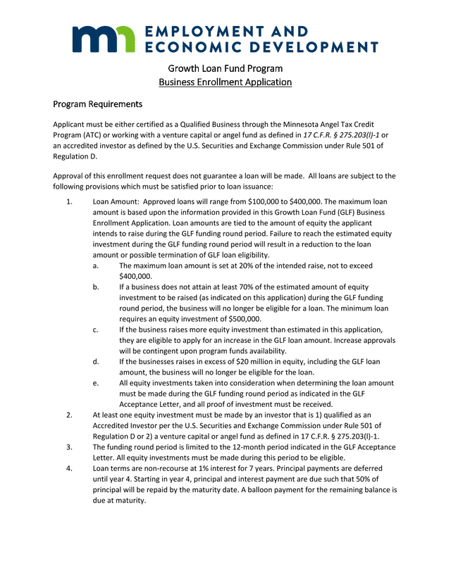 Growth Loan Fund Program Business Enrollment Application screenshot