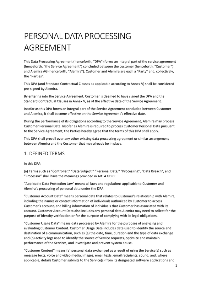 Personal Data Processing Agreement screenshot
