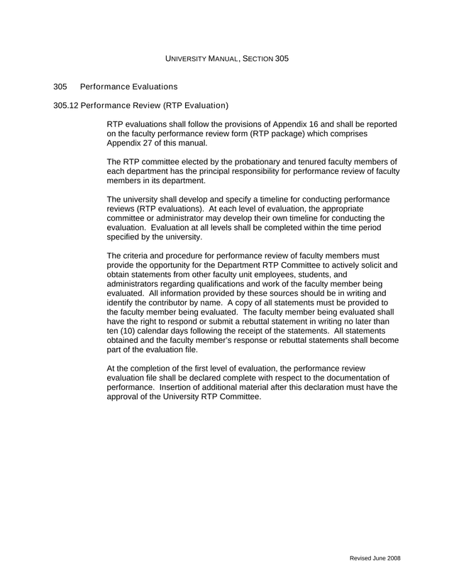 UNIVERSITY MANUAL, SECTION 305 Performance Evaluations screenshot