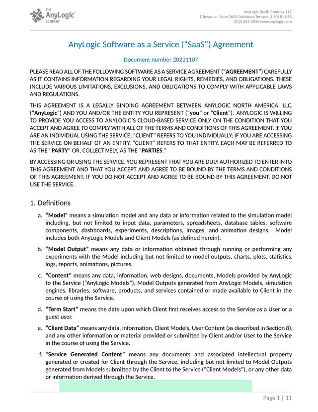 AnyLogic Software As A Service (SaaS) Agreement screenshot