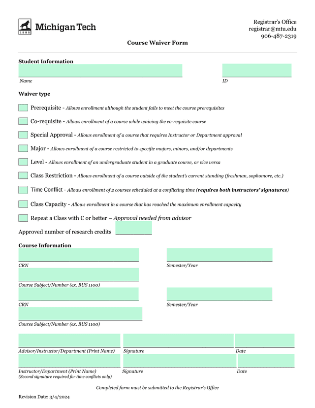 Course Waiver Form screenshot