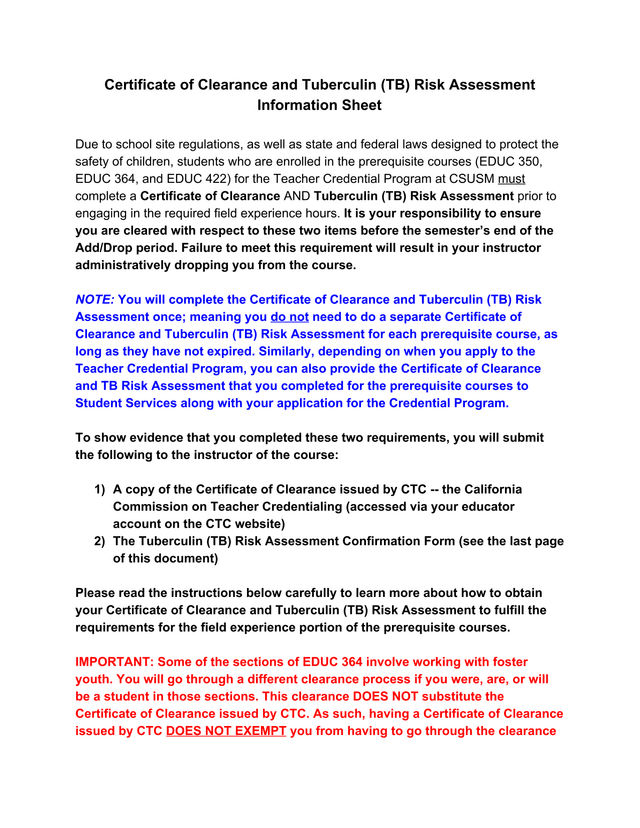 Certificate Of Clearance And Tuberculin (TB) Risk Assessment Information Sheet screenshot