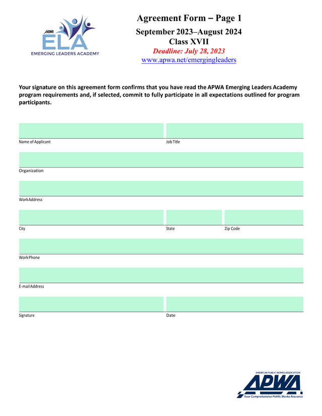 APWA Emerging Leaders Academy Agreement Form screenshot