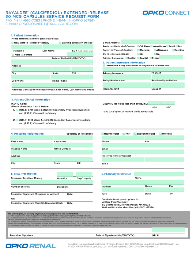 RAYALDEE (CALCIFEDIOL) EXTENDED RELEASE 30 MCG CAPSULES SERVICE REQUEST FORM screenshot