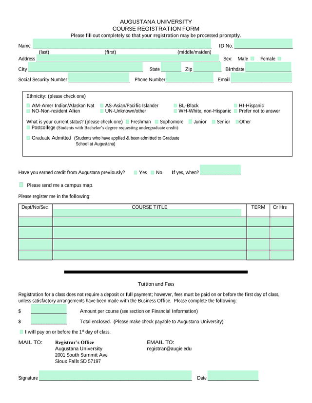 Augustana University Course Registration Form screenshot