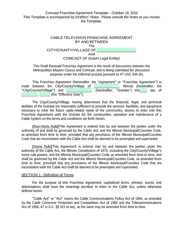 Comcast Franchise Agreement Template screenshot
