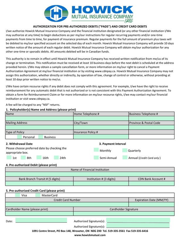 AUTHORIZATION FOR PRE AUTHORIZED DEBITS (PADS) AND CREDIT CARD DEBITS screenshot