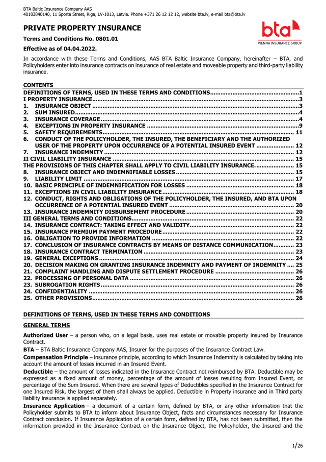 PRIVATE PROPERTY INSURANCE Terms And Conditions No. 0801.01 screenshot