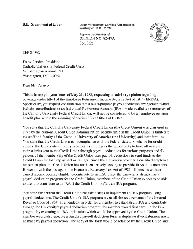 Advisory Opinion Letter   Labor Management Services Administration screenshot