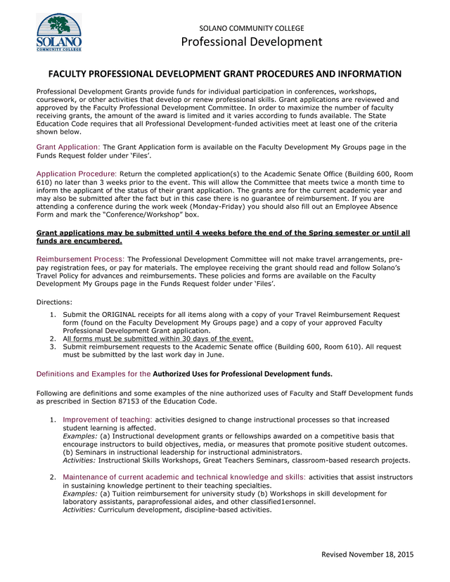 Faculty Professional Development Grant Procedures And Information screenshot