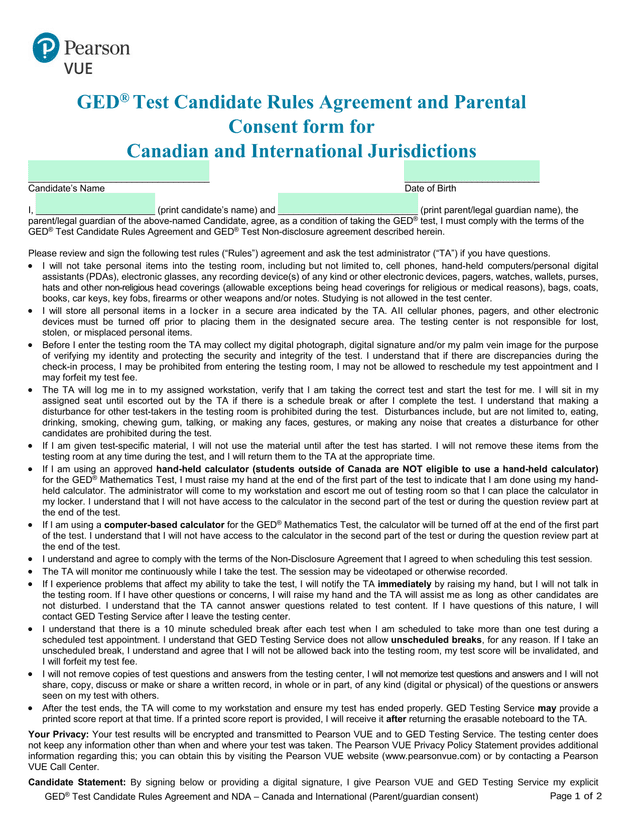 GED Test Candidate Rules Agreement And NDA  Canada And International (ParentGuardian Consent) screenshot