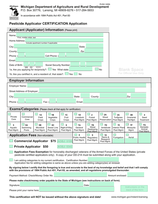 Pesticide Applicator CERTIFICATION Application screenshot