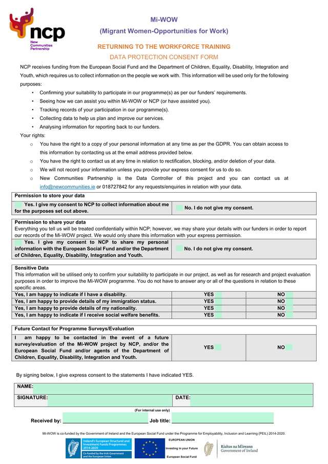 Mi WOW Returning To The Workforce Training Data Protection Consent Form screenshot