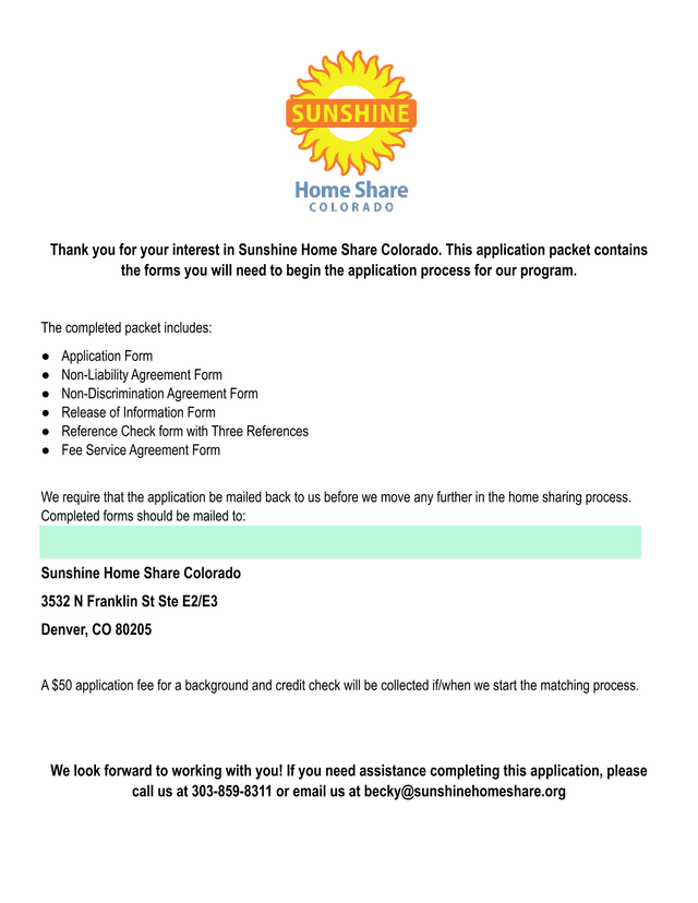 Sunshine Home Share Colorado Intake Application Home Provider screenshot