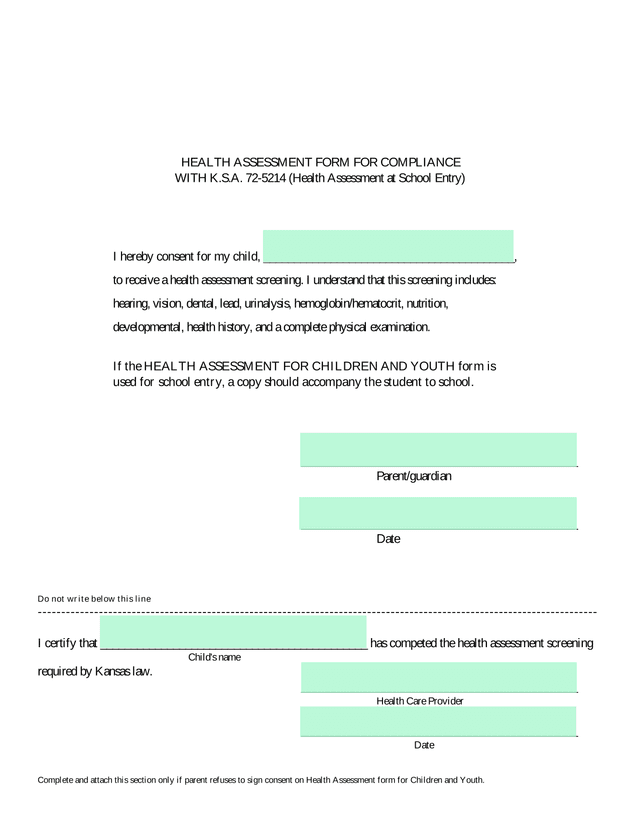 Health Assessment Form For Compliance With K.S.A. 72 5214 screenshot