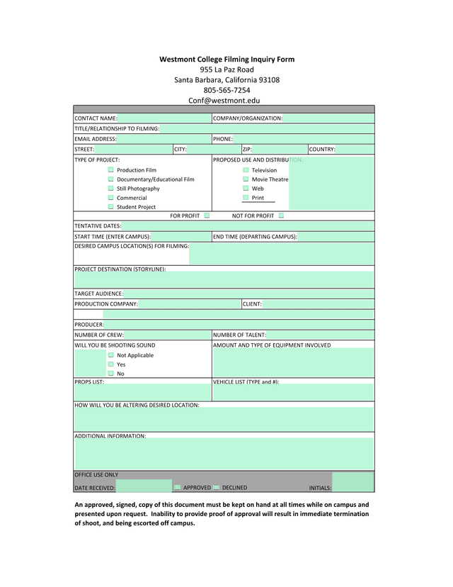 Westmont College Filming Inquiry Form screenshot