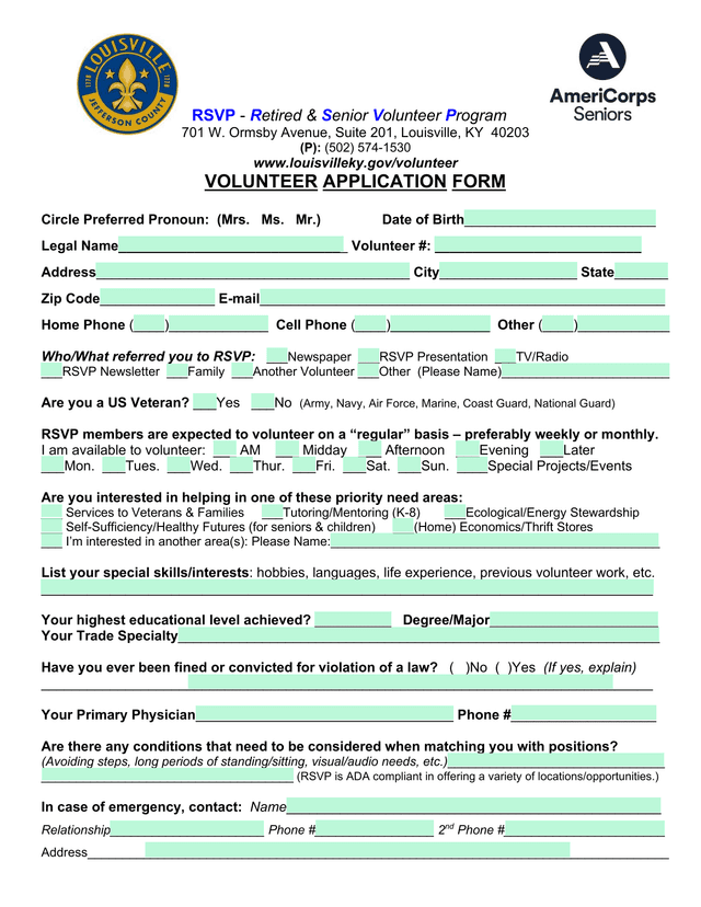 RSVP   Retired  Senior Volunteer Program Volunteer Application Form screenshot