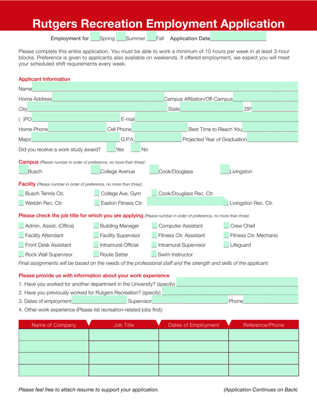 Rutgers Recreation Employment Application screenshot