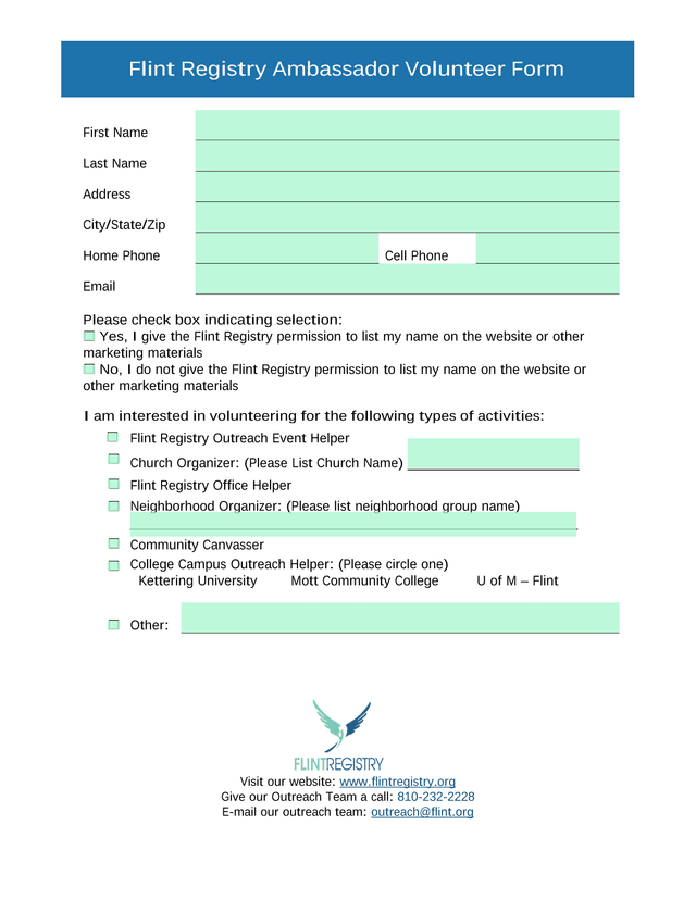 Flint Registry Ambassador Volunteer Form screenshot