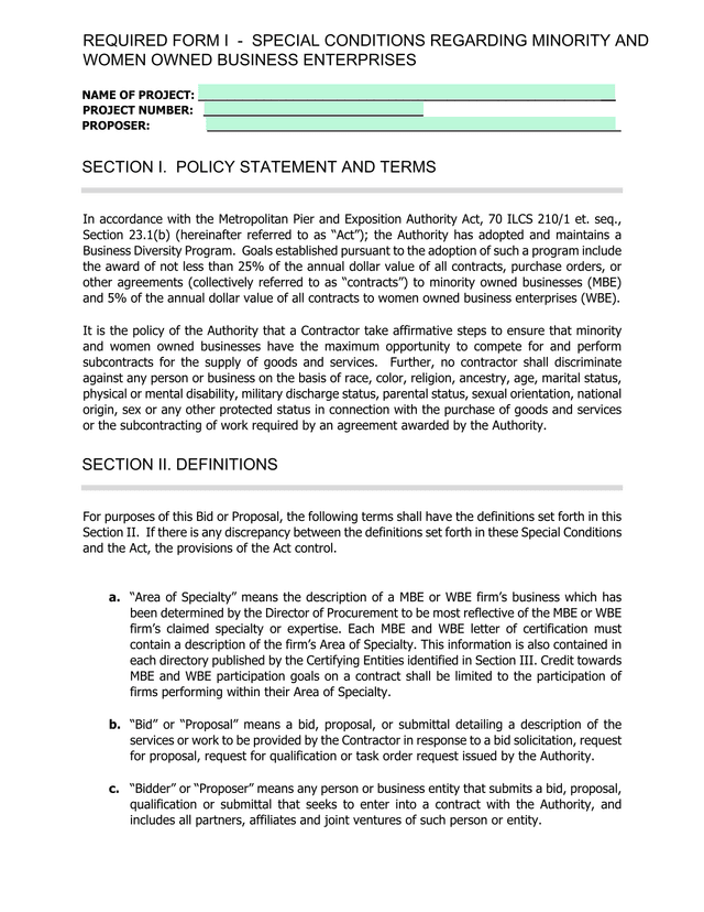 REQUIRED FORM I   SPECIAL CONDITIONS REGARDING MINORITY AND WOMEN OWNED BUSINESS ENTERPRISES screenshot