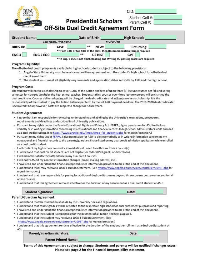 Presidential Scholars Off Site Dual Credit Agreement Form screenshot