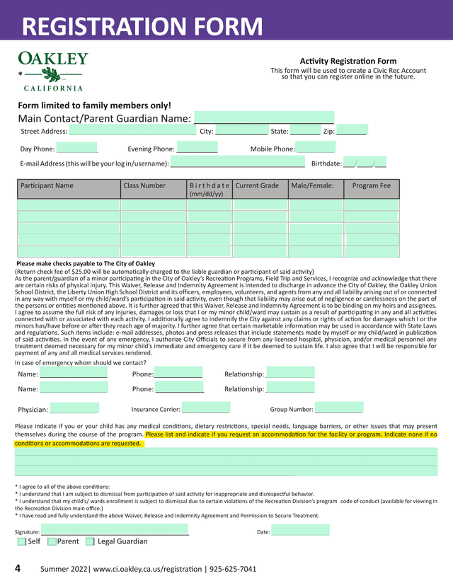 City Of Oakley Recreation Program Registration Form screenshot