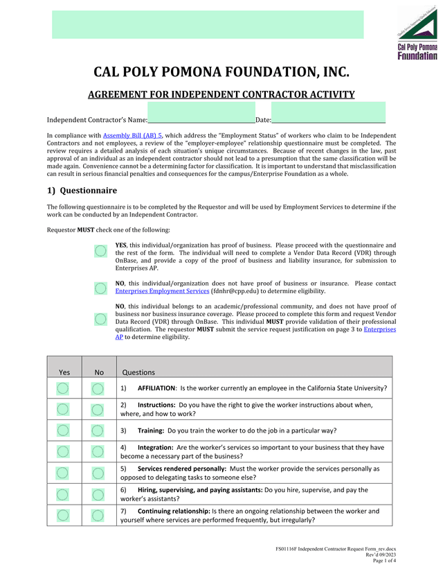CAL POLY POMONA FOUNDATION, INC. AGREEMENT FOR INDEPENDENT CONTRACTOR ACTIVITY screenshot