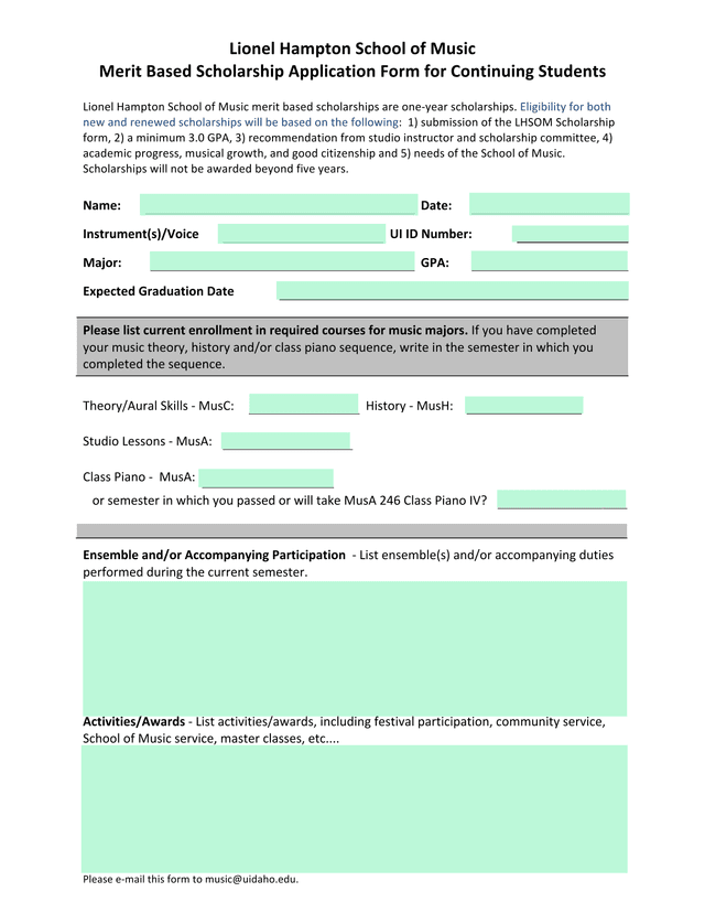Merit Based Scholarship Application Form For Continuing Students screenshot