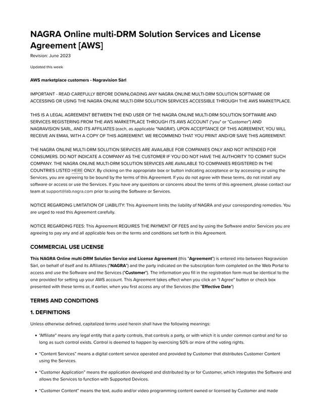 NAGRA Online Multi DRM Solution Services And License Agreement AWS screenshot