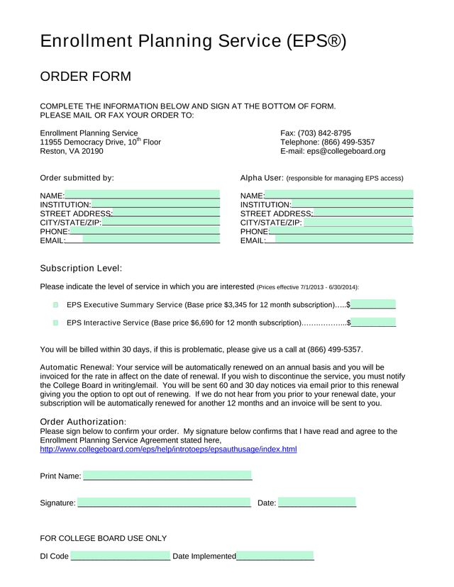 Enrollment Planning Service (EPS) Order Form screenshot
