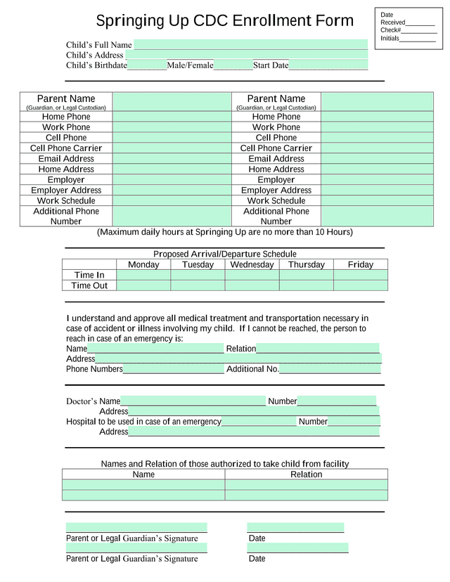 Springing Up CDC Enrollment Form screenshot